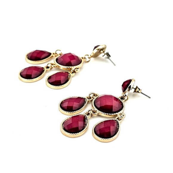 Burgundy Faceted Drop Earrings Gold Tone Teardrop Statement - Picture 4 of 5